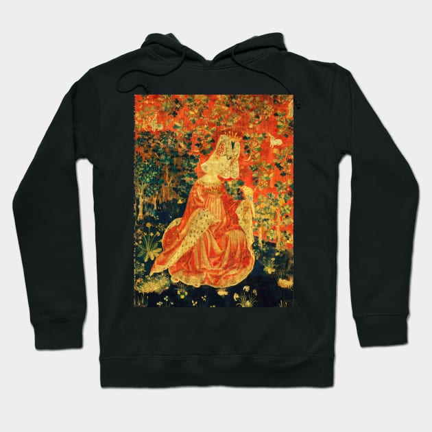 LADY WITH HAWK AMONG FLOWERS AND OAK LEAVES ,HARES, Orange Green Floral Hoodie by BulganLumini